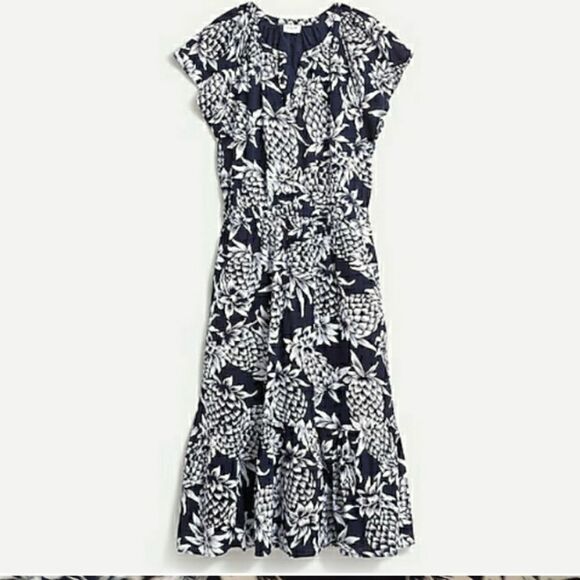 J. Crew Pineapple Print Sleeveless Crinkle Casual Midi Dress Navy White Size 4 - Picture 2 of 9